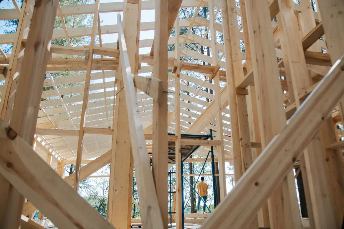 Residential roof and floor framing viewed during a structural inspection